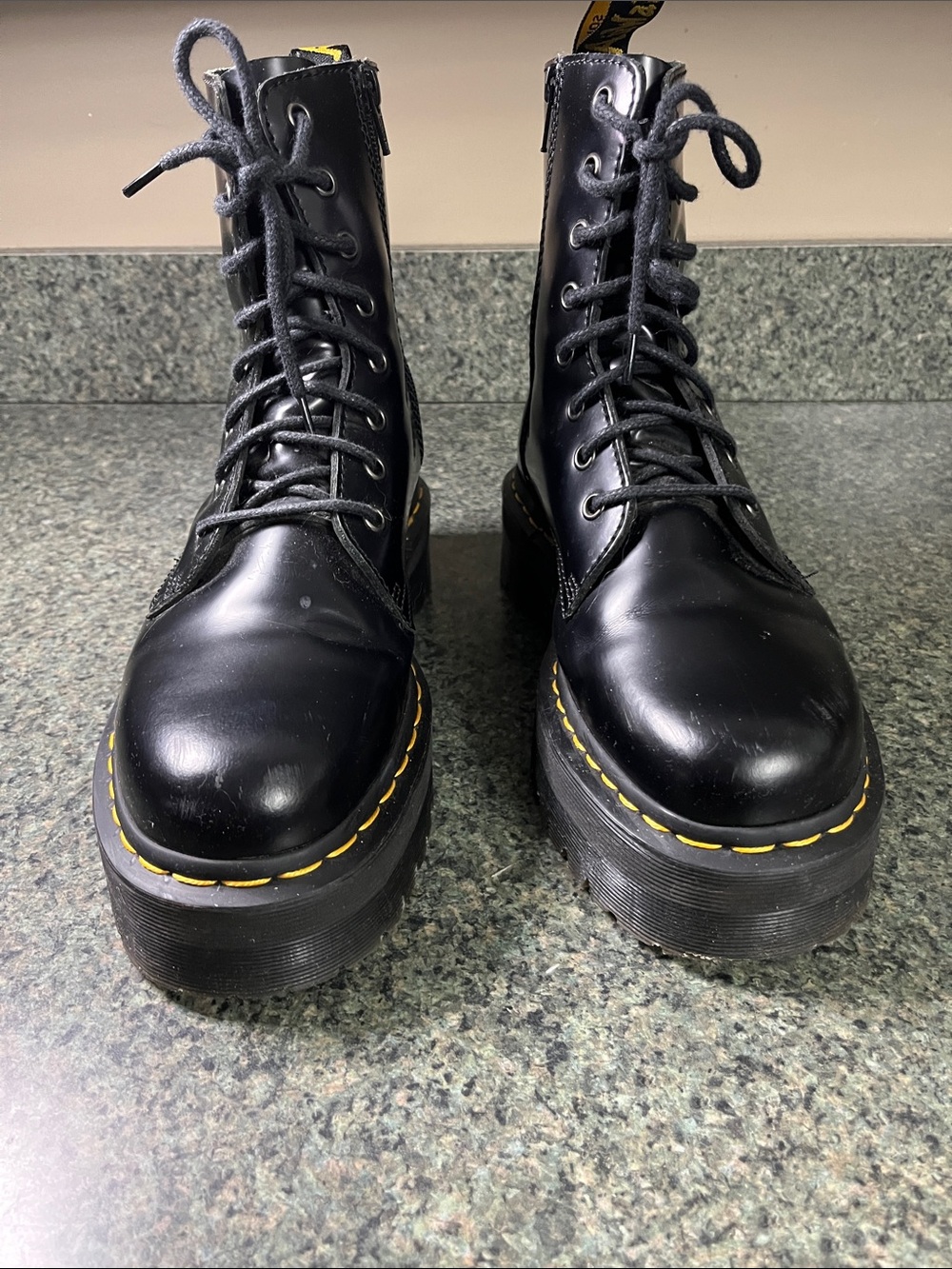 Dr. Martens Jadon Black Women's Lace-Up Platform Boots with Yellow Stitching
